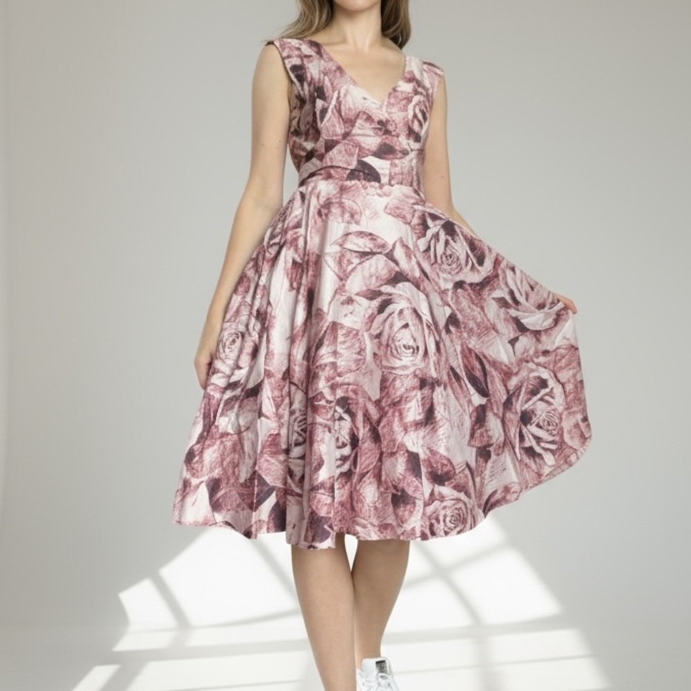 Phase Eight Edita Fit and Flare Midi Dress Floral Rose S
